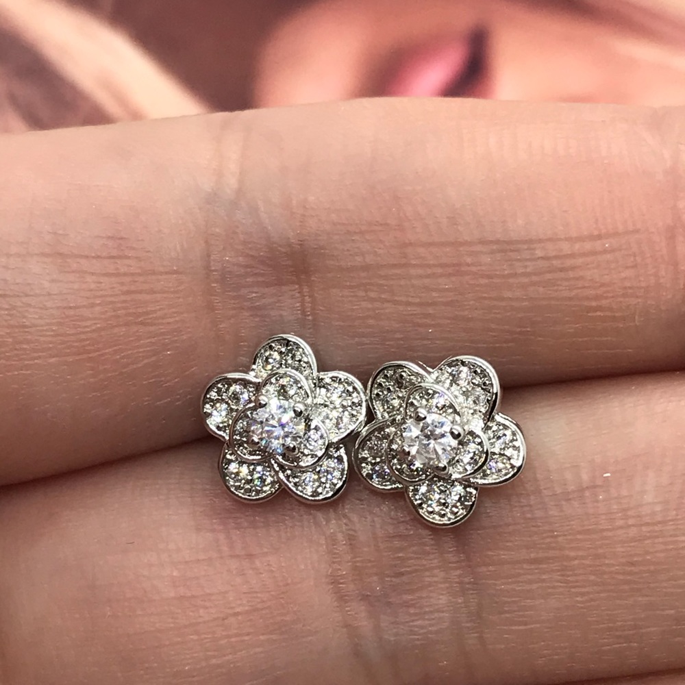 Sterling Silver Flower Stud Earrings - Picture 2 of 4